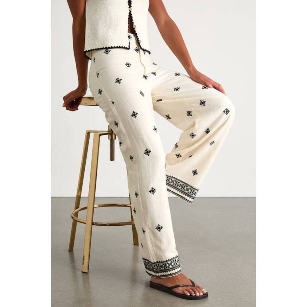 NEW Lulus Elwen Cream And Black Linen Embroidered High-rise Pants White - Size S